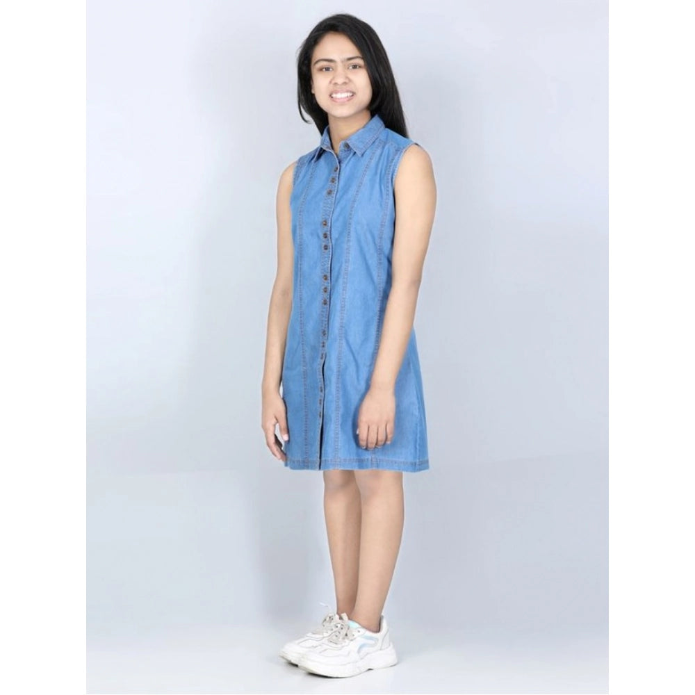 Amfyn Girl's Denim Solid Cold Shoulder Dress (Blue)