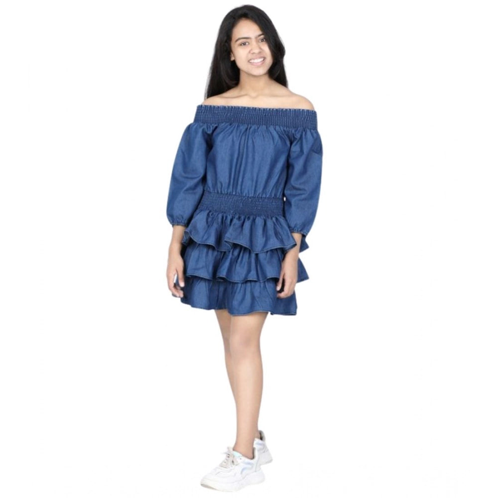 Amfyn Girl's Denim Solid Off Shoulder Dress (Blue)