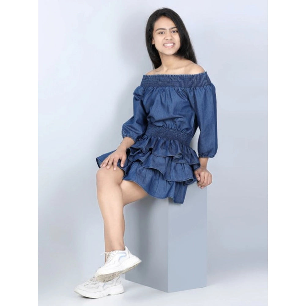 Amfyn Girl's Denim Solid Off Shoulder Dress (Blue)