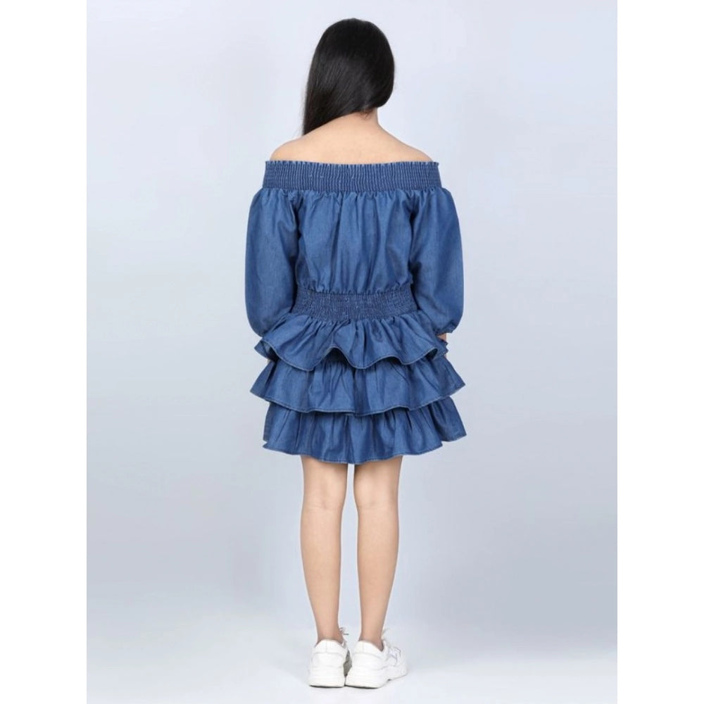 Amfyn Girl's Denim Solid Off Shoulder Dress (Blue)