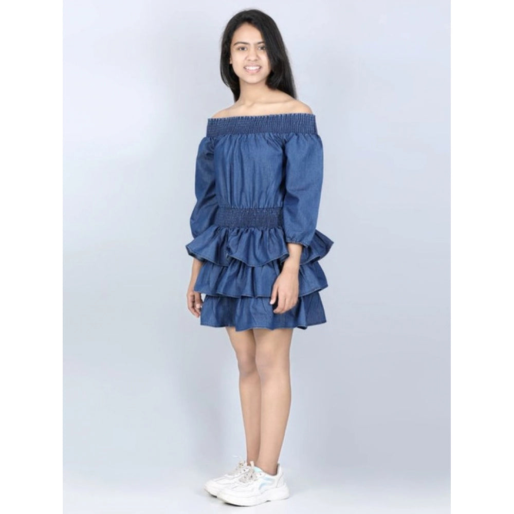 Amfyn Girl's Denim Solid Off Shoulder Dress (Blue)