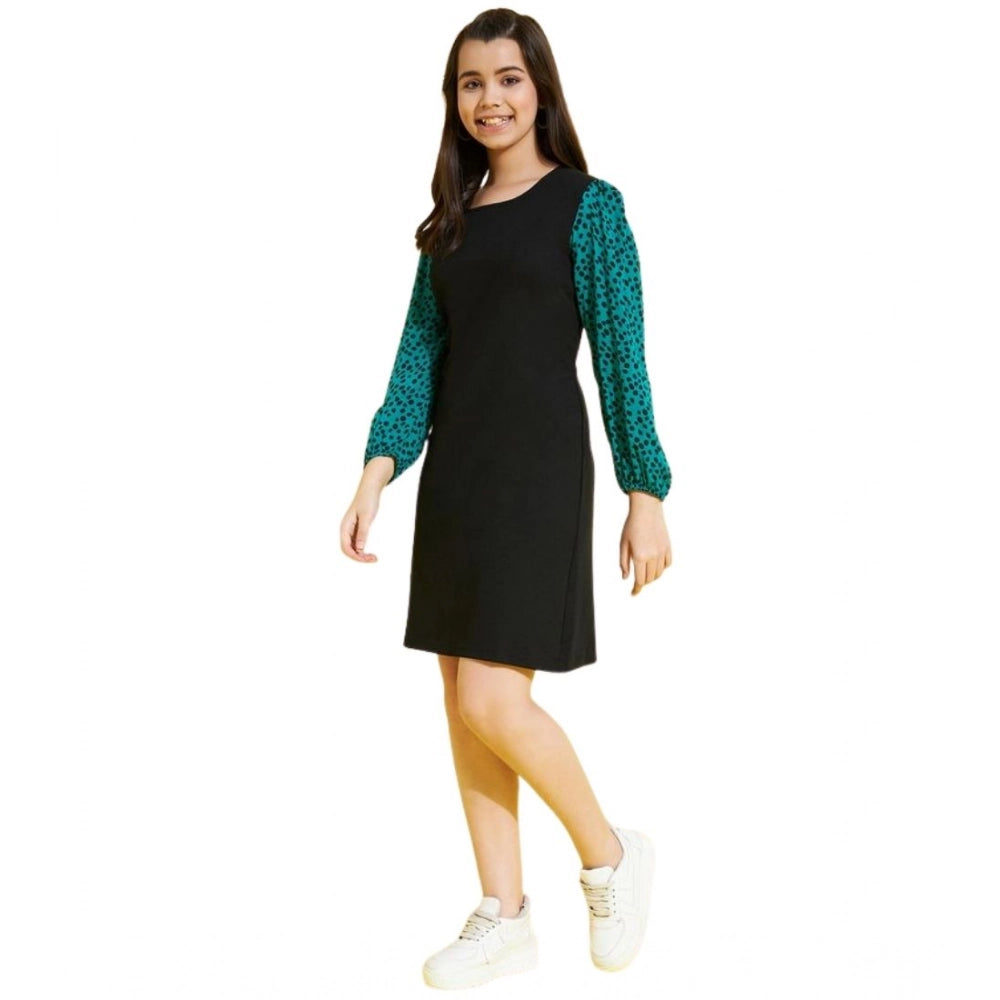 Amfyn Girl's Polyester Printed Long Sleeves Dress (Black-Green)