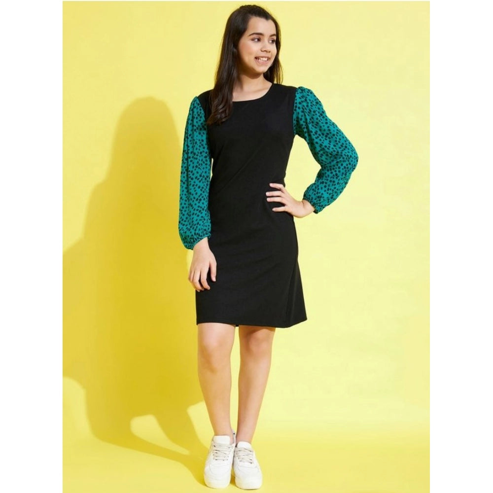 Amfyn Girl's Polyester Printed Long Sleeves Dress (Black-Green)