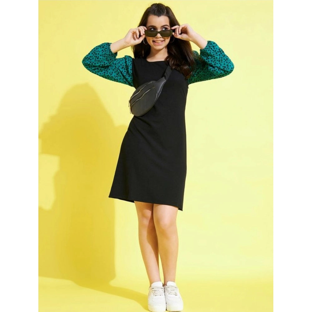 Amfyn Girl's Polyester Printed Long Sleeves Dress (Black-Green)