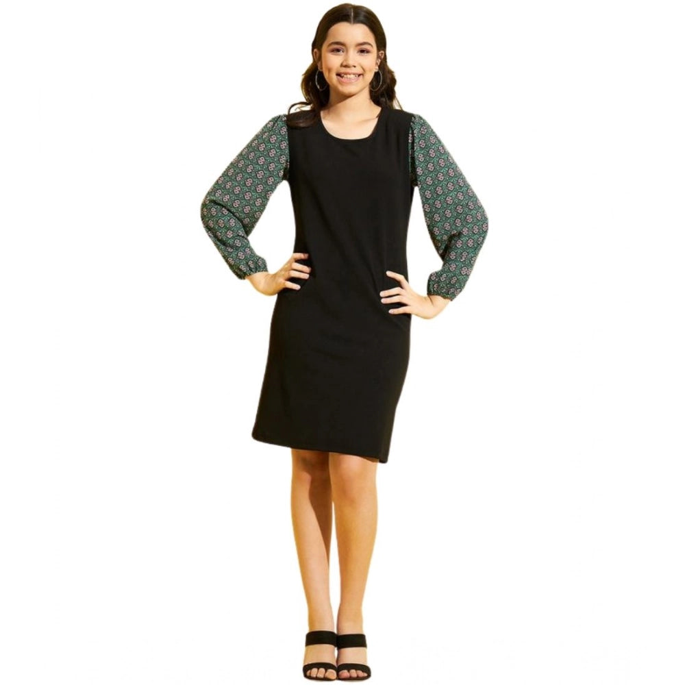 Amfyn Girl's Polyester Lycra Printed Sleeveless Dress (Green-Black)