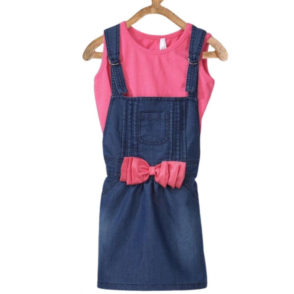 Amfyn Girl's Denim &amp; Cotton Bow Sleeveless Dungaree (Pink)