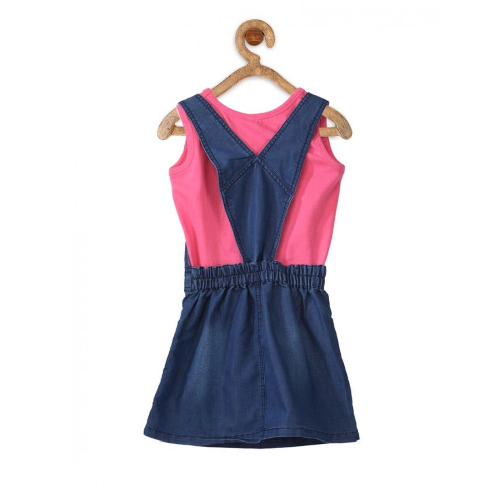 Amfyn Girl's Denim &amp; Cotton Bow Sleeveless Dungaree (Pink)