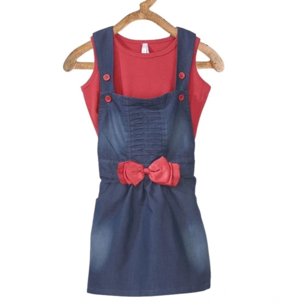 Amfyn Girl's Denim &amp; Cotton Bow Sleeveless Dungaree (Red)
