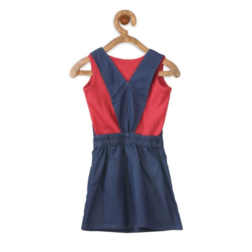 Amfyn Girl's Denim &amp; Cotton Bow Sleeveless Dungaree (Red)