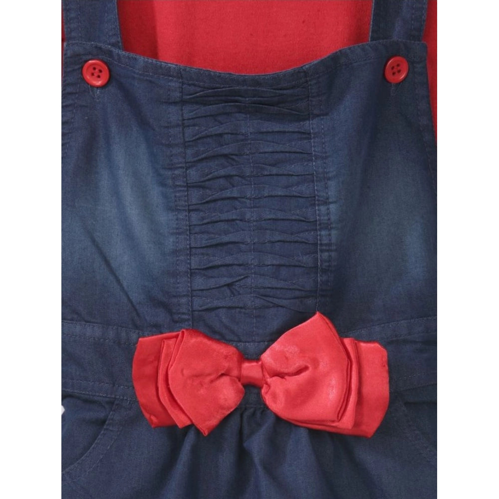 Amfyn Girl's Denim &amp; Cotton Bow Sleeveless Dungaree (Red)