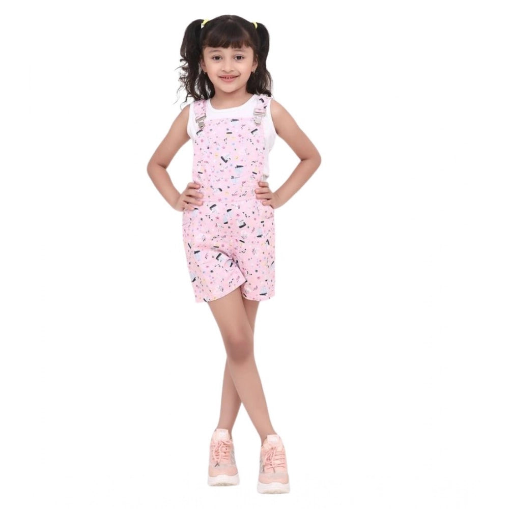 Amfyn Girl's Inner- Cotton Printed Sleeveless Dungaree (Light Pink)
