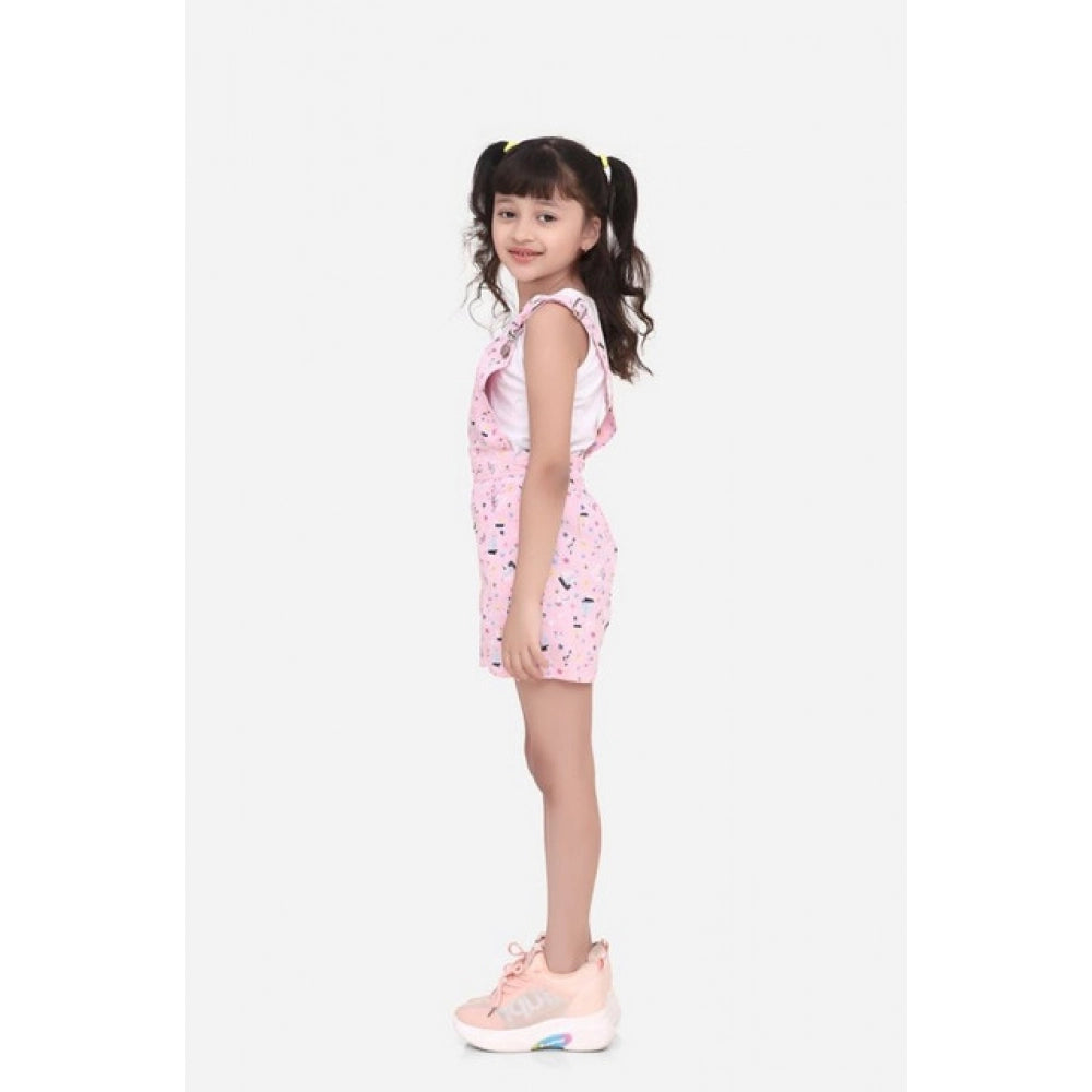 Amfyn Girl's Inner- Cotton Printed Sleeveless Dungaree (Light Pink)
