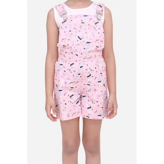 Amfyn Girl's Inner- Cotton Printed Sleeveless Dungaree (Light Pink)