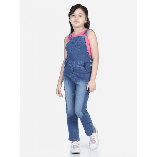 Amfyn Girl's Denim Washed Buttoned Dungaree (Blue)