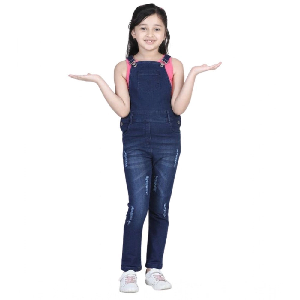 Amfyn Girl's Denim Distressed Buttoned Dungaree (Blue)