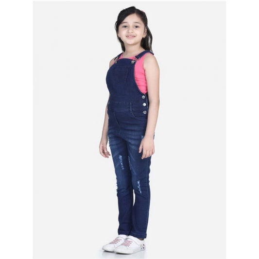 Amfyn Girl's Denim Distressed Buttoned Dungaree (Blue)