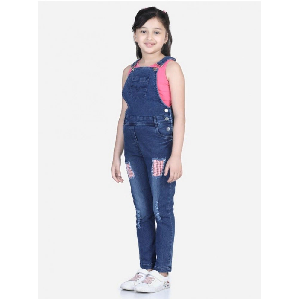 Amfyn Girl's Denim Patch Work Buttoned Dungaree (Blue)