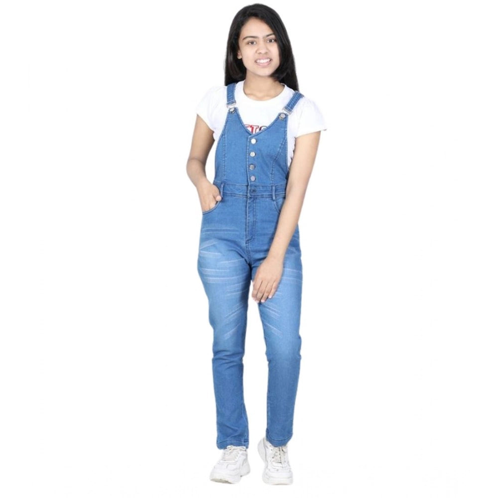 Amfyn Girl's Denim Solid Buttoned Dungaree (Blue)
