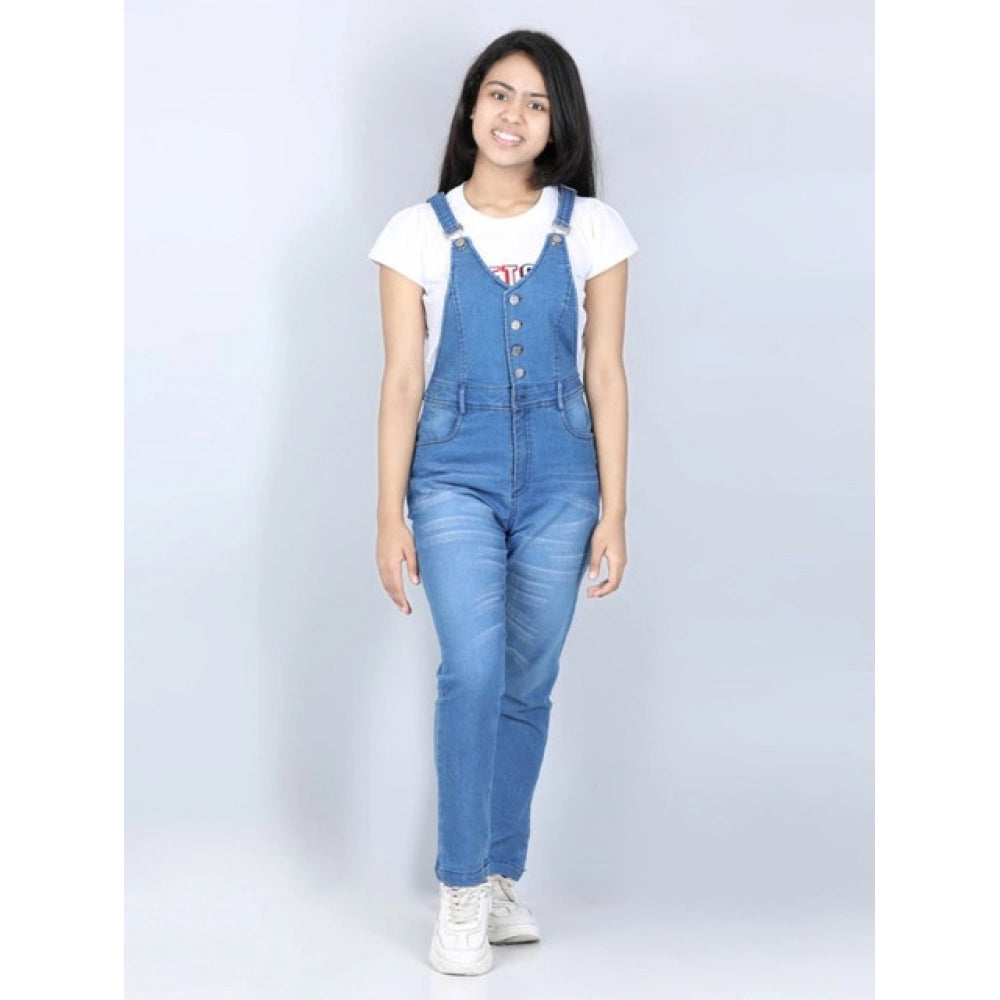 Amfyn Girl's Denim Solid Buttoned Dungaree (Blue)