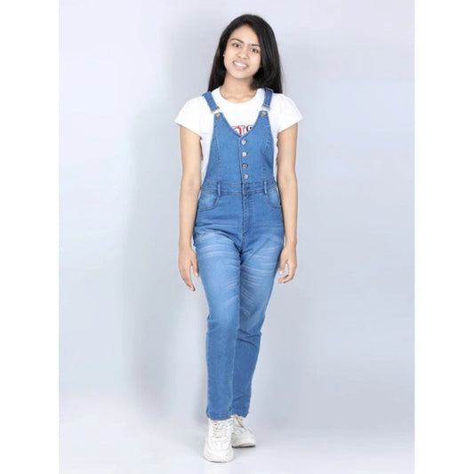 Amfyn Girl's Denim Solid Buttoned Dungaree (Blue)