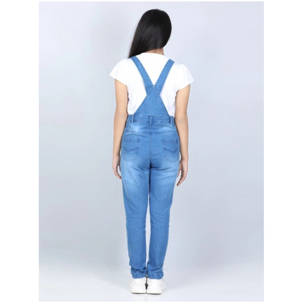 Amfyn Girl's Denim Solid Buttoned Dungaree (Blue)