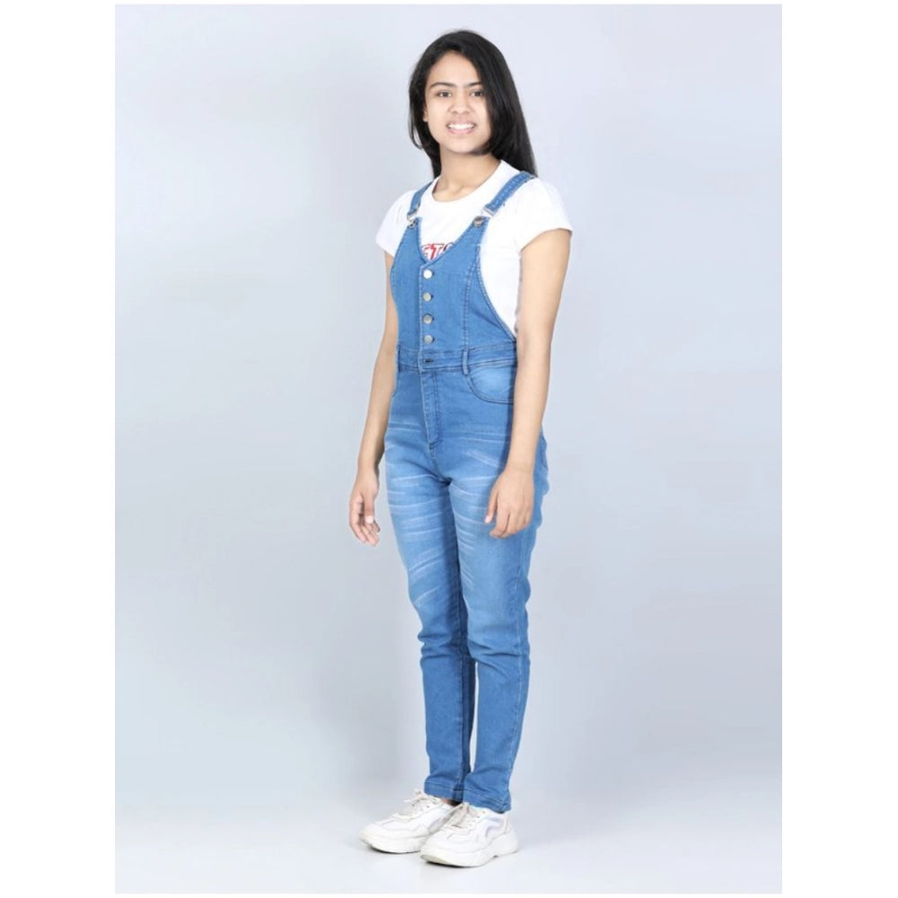 Amfyn Girl's Denim Solid Buttoned Dungaree (Blue)