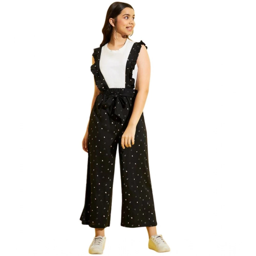 Amfyn Girl's Cotton Printed Sleeveless Dungaree (Black-White)