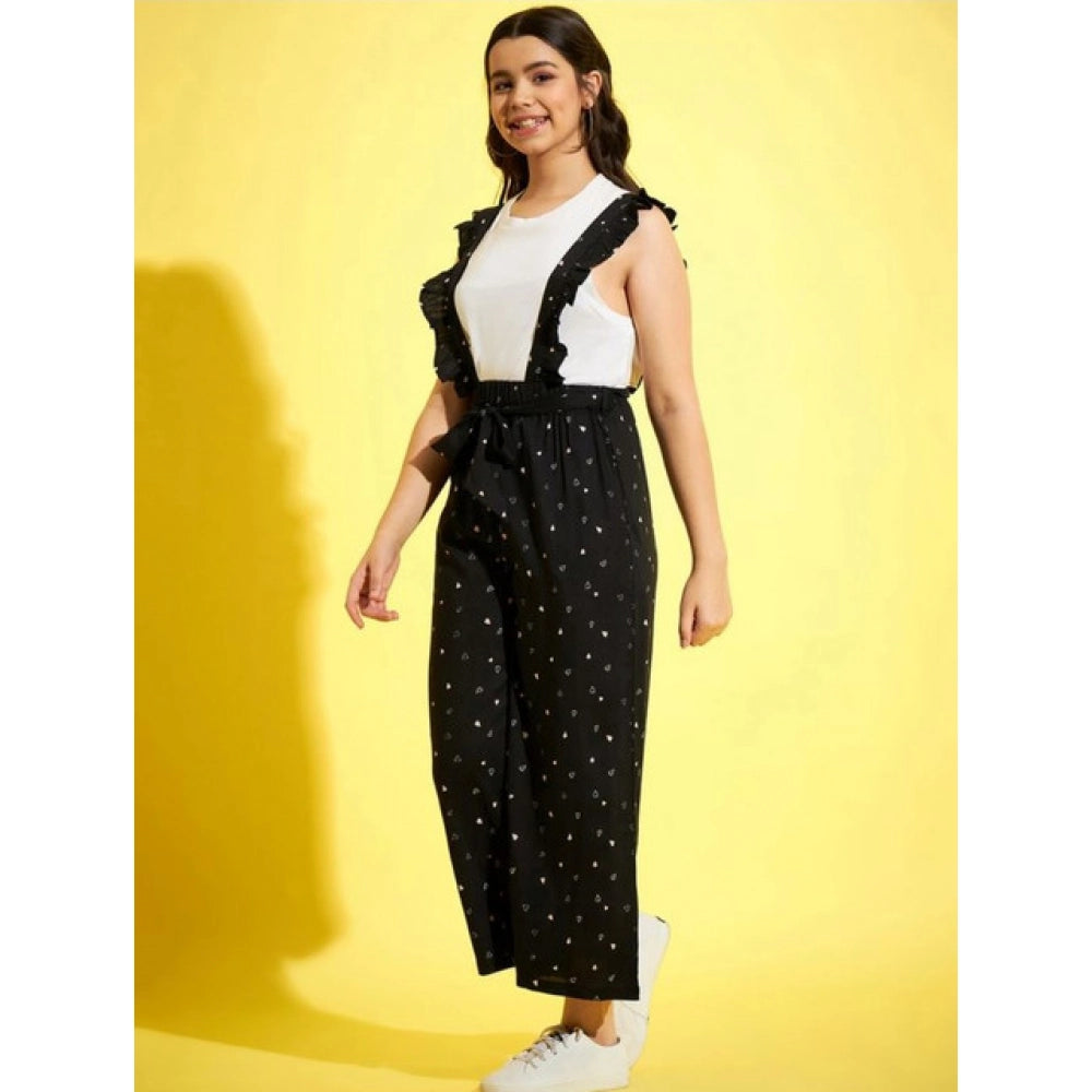 Amfyn Girl's Cotton Printed Sleeveless Dungaree (Black-White)