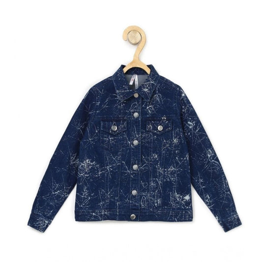 Amfyn Girl's Denim Washed Flutter Jacket with Crinkle (Blue)