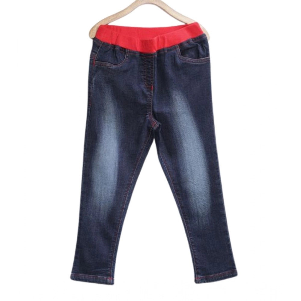Amfyn Girl's Denim Ribbed Elasticated Jeans (Red-Blue)