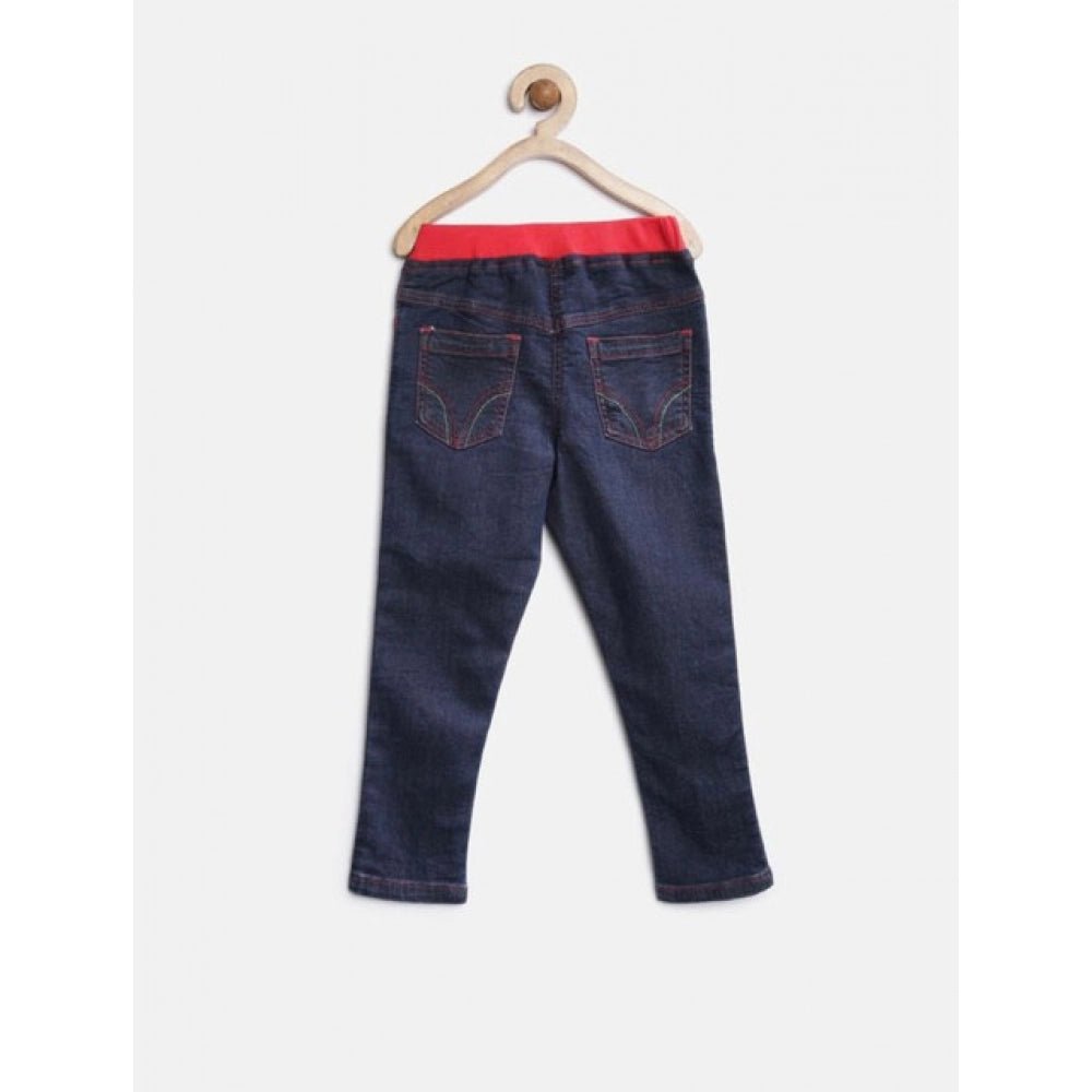 Amfyn Girl's Denim Ribbed Elasticated Jeans (Red-Blue)