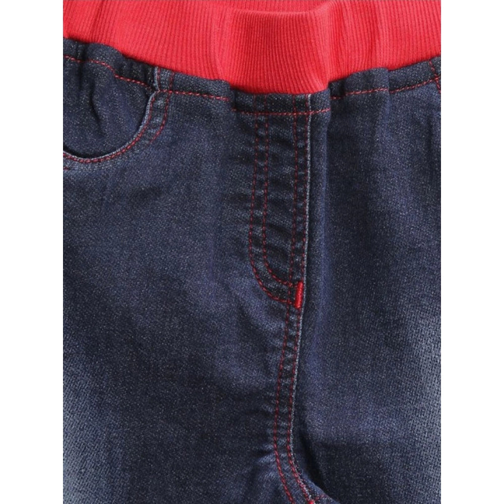 Amfyn Girl's Denim Ribbed Elasticated Jeans (Red-Blue)
