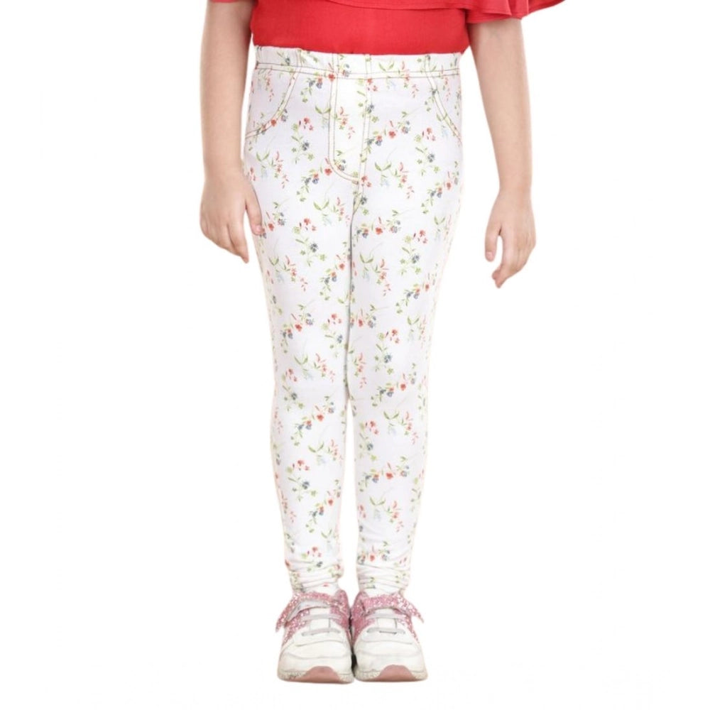 Amfyn Girl's Cotton Lycra Floral Elasticated Jeggings (White-Green)