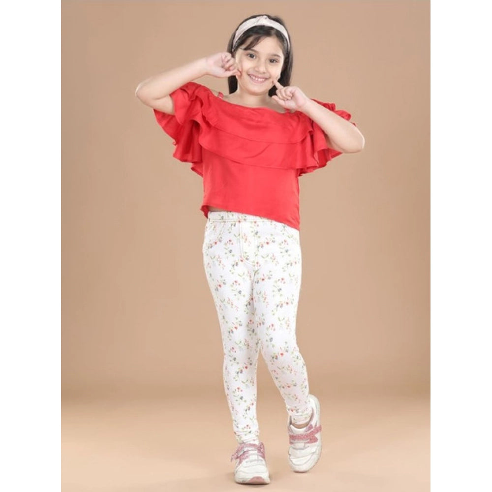 Amfyn Girl's Cotton Lycra Floral Elasticated Jeggings (White-Green)