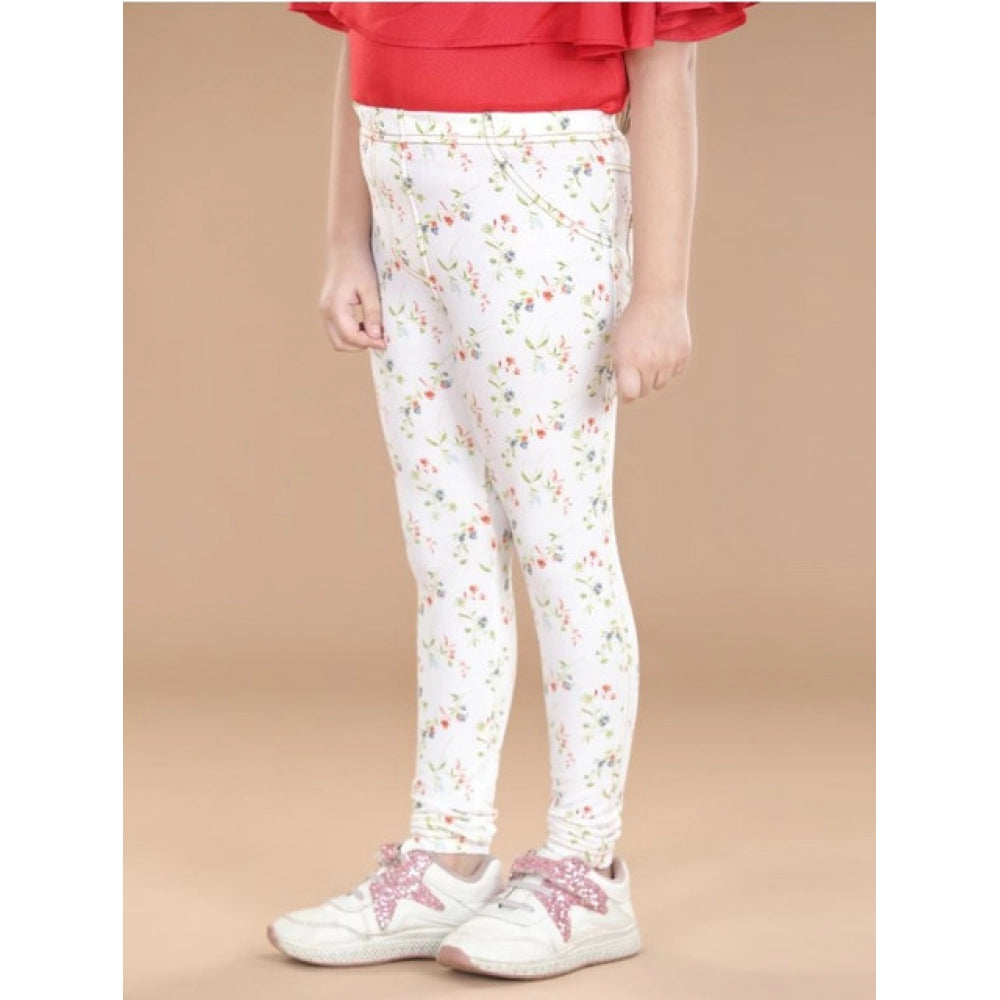 Amfyn Girl's Cotton Lycra Floral Elasticated Jeggings (White-Green)
