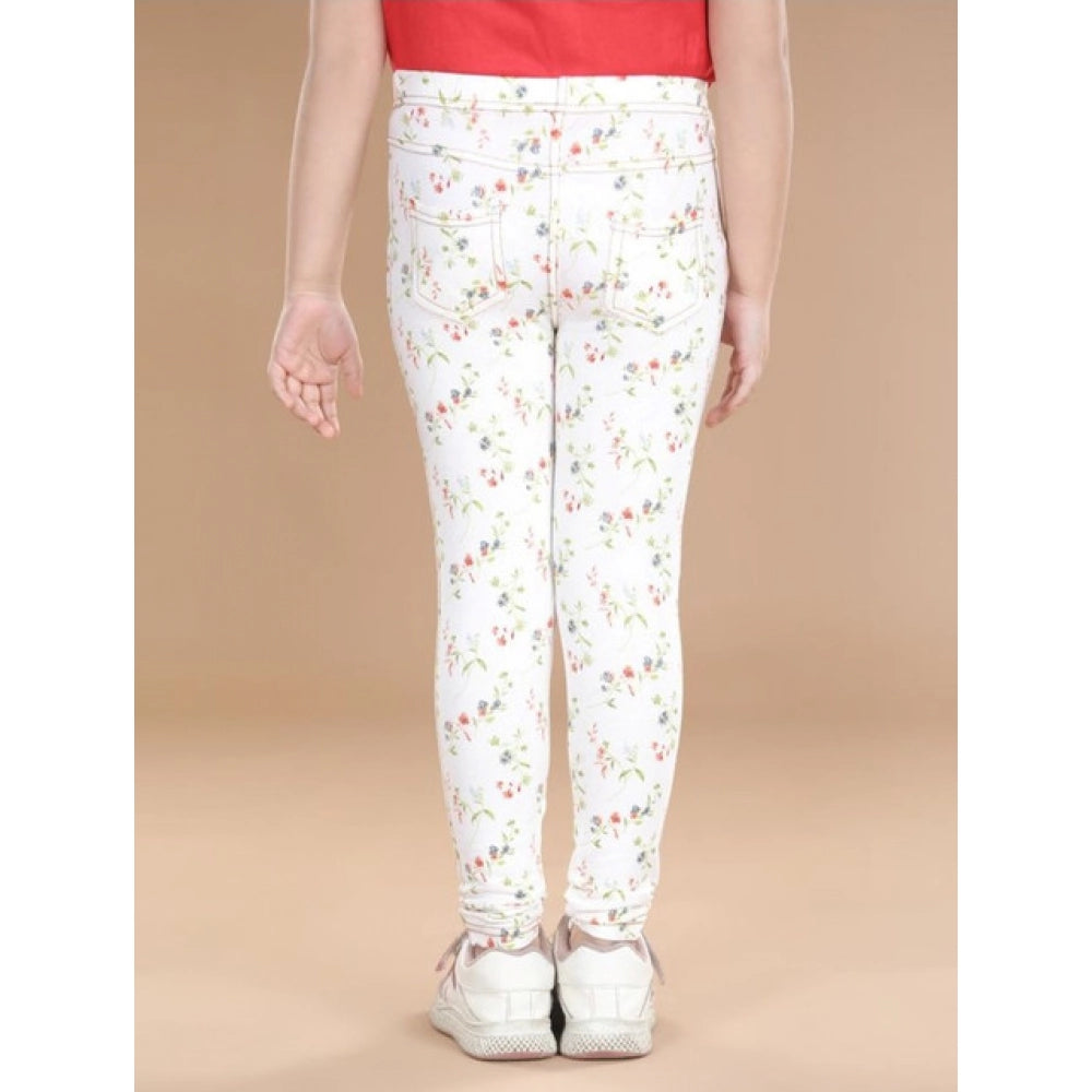 Amfyn Girl's Cotton Lycra Floral Elasticated Jeggings (White-Green)