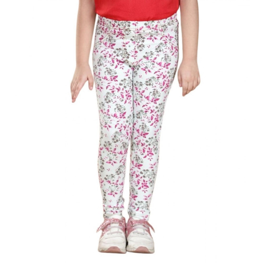 Amfyn Girl's Cotton Lycra Floral Elasticated Jeggings (White-Pink)