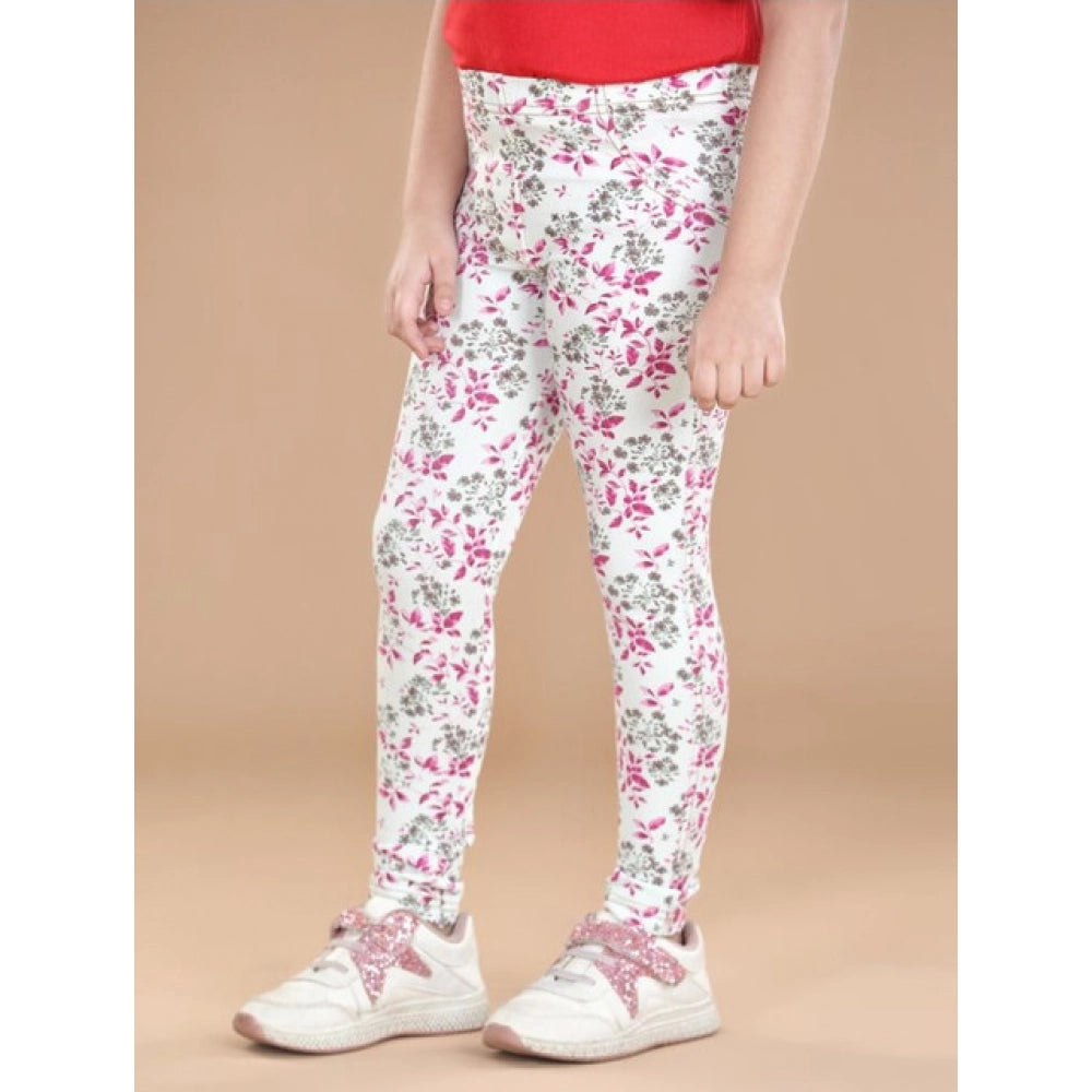 Amfyn Girl's Cotton Lycra Floral Elasticated Jeggings (White-Pink)