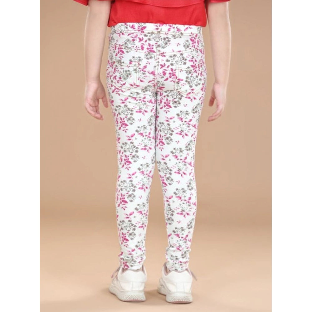 Amfyn Girl's Cotton Lycra Floral Elasticated Jeggings (White-Pink)