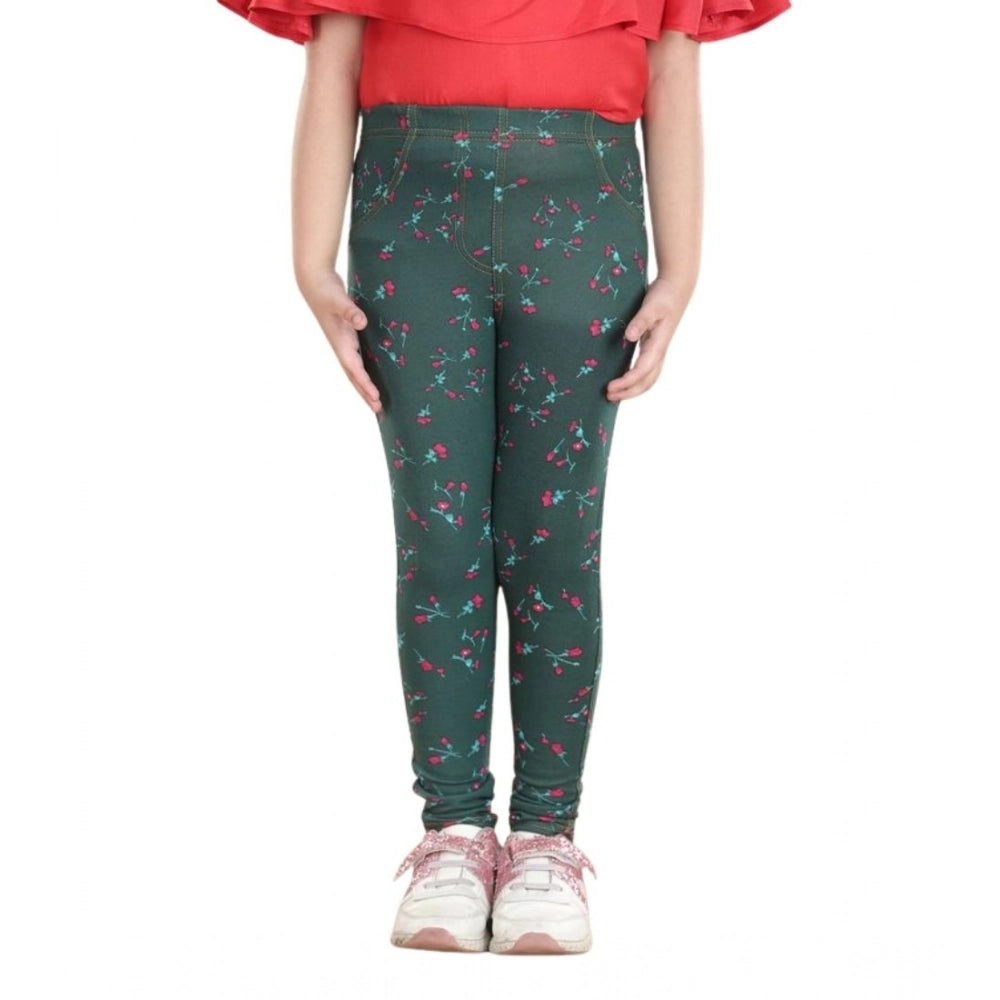 Amfyn Girl's Cotton Lycra Floral Elasticated Jeggings (Bottle Green)