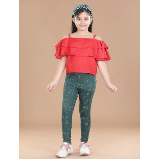 Amfyn Girl's Cotton Lycra Floral Elasticated Jeggings (Bottle Green)