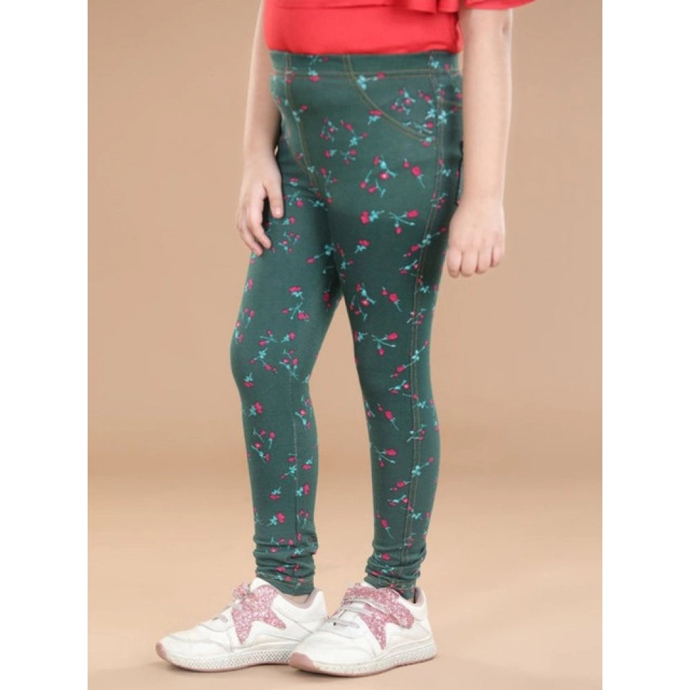 Amfyn Girl's Cotton Lycra Floral Elasticated Jeggings (Bottle Green)