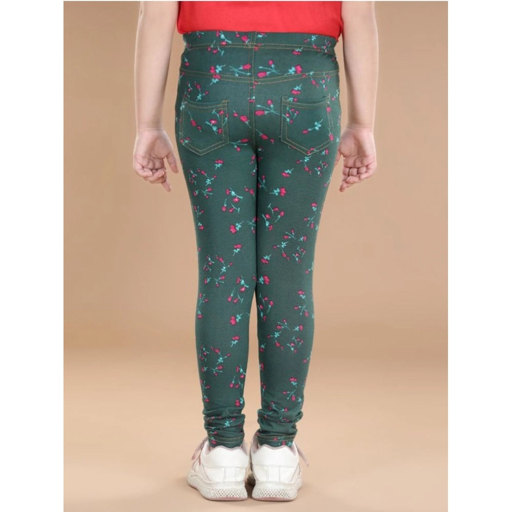 Amfyn Girl's Cotton Lycra Floral Elasticated Jeggings (Bottle Green)