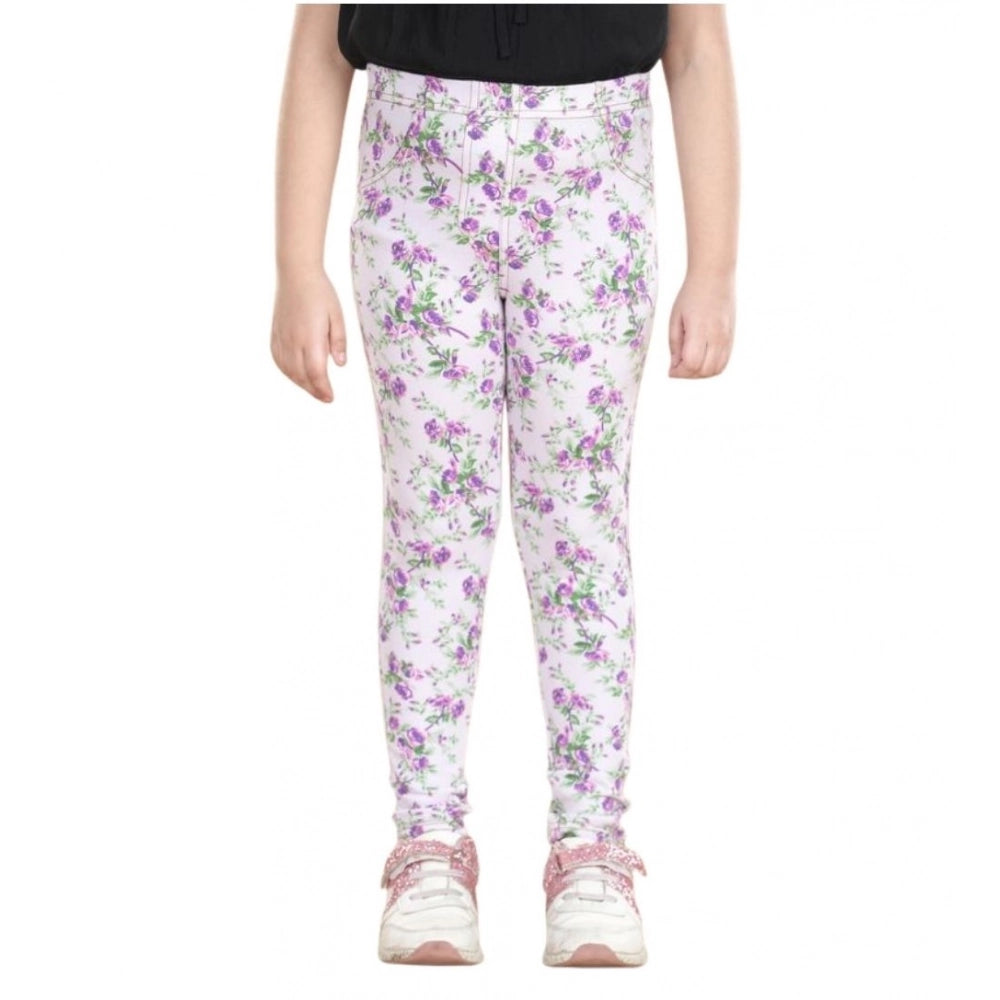 Amfyn Girl's Cotton Lycra Floral Elasticated Jeggings (Lavender)