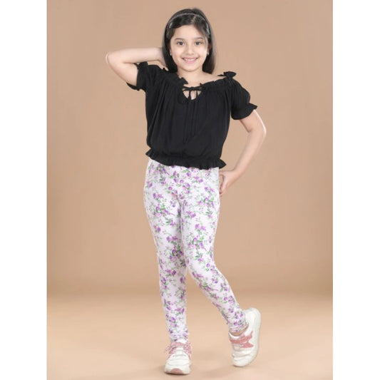 Amfyn Girl's Cotton Lycra Floral Elasticated Jeggings (Lavender)