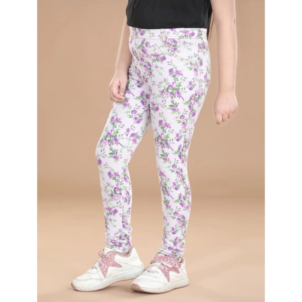 Amfyn Girl's Cotton Lycra Floral Elasticated Jeggings (Lavender)