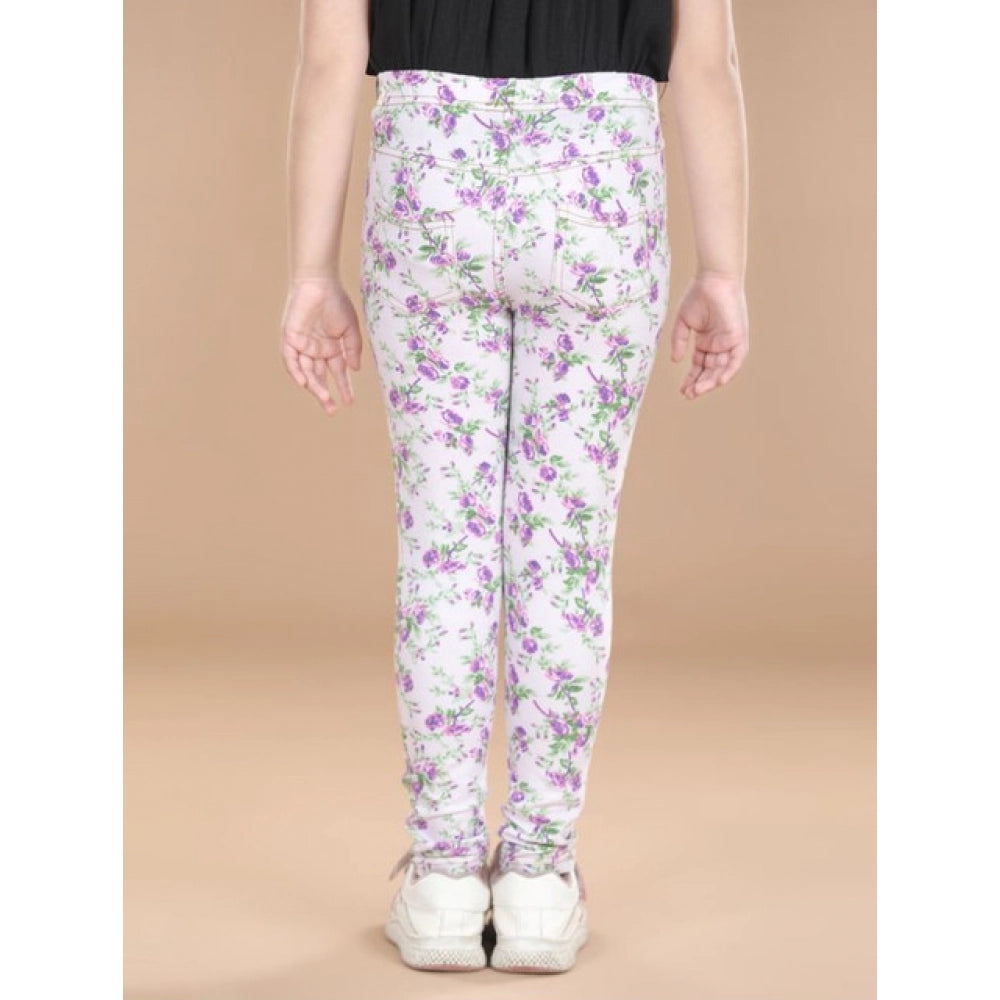Amfyn Girl's Cotton Lycra Floral Elasticated Jeggings (Lavender)