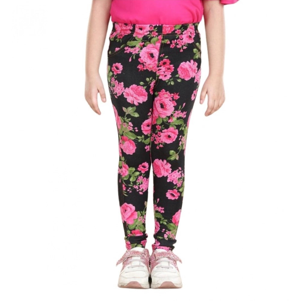Amfyn Girl's Cotton Lycra Floral Elasticated Jeggings (Black-Pink)