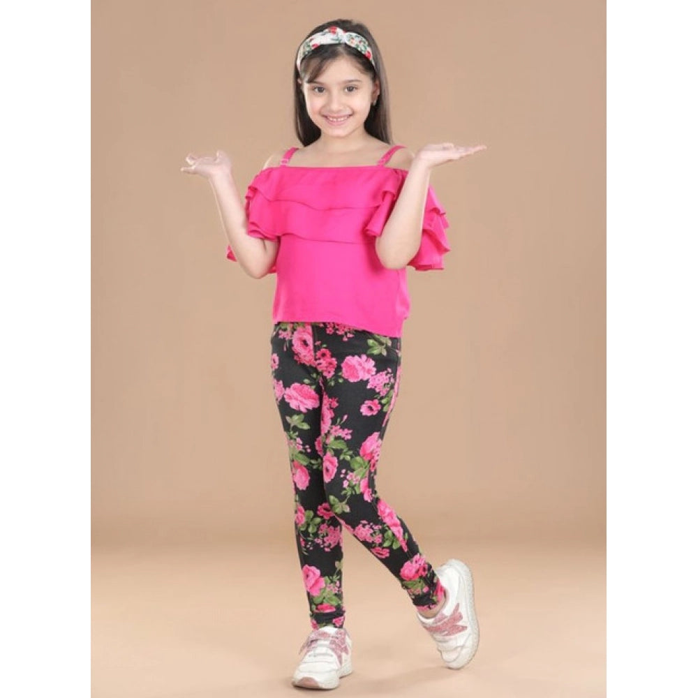 Amfyn Girl's Cotton Lycra Floral Elasticated Jeggings (Black-Pink)