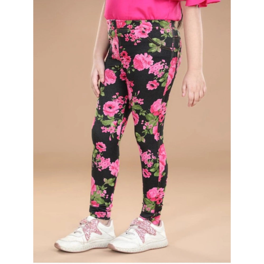 Amfyn Girl's Cotton Lycra Floral Elasticated Jeggings (Black-Pink)